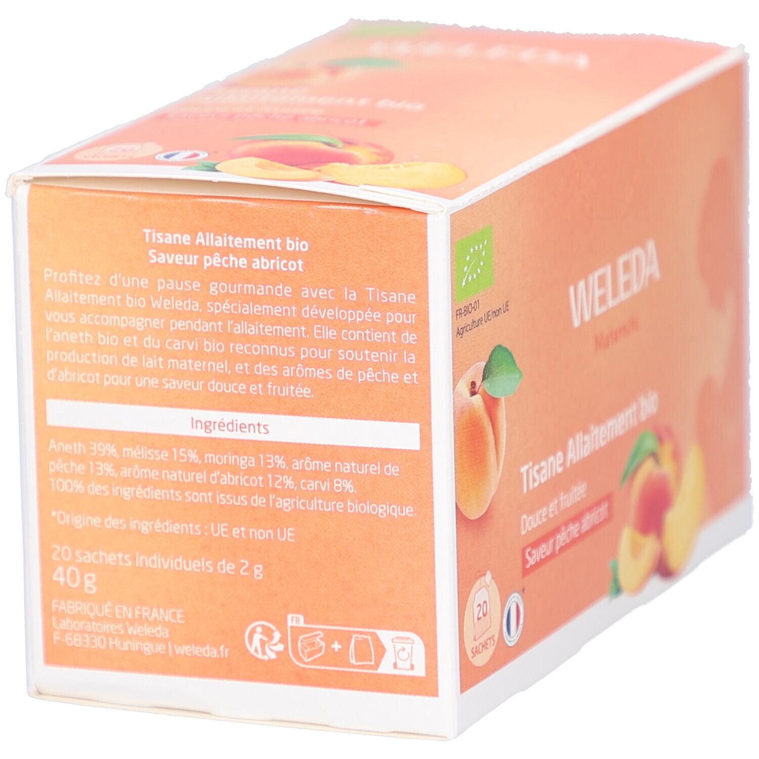 Karton mit Text und Zutatenliste. WELEDA-Logo. Text: Tisane Allaitement bio, Saveur pêche abricot. Bio-Logo. 20 Sachets.