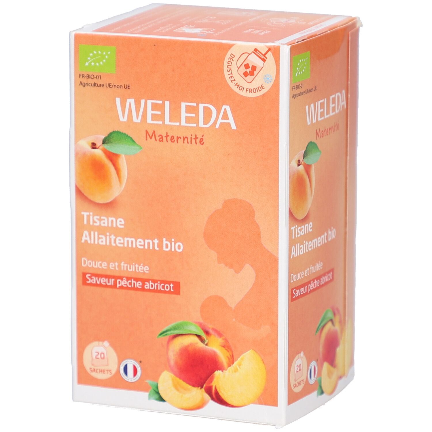 Karton mit WELEDA-Logo und Text. Abbildung von Pfirsich und Aprikose. Text: Tisane Allaitement bio, Douce et fruitée, Saveur pêche abricot. Bio-Logo.