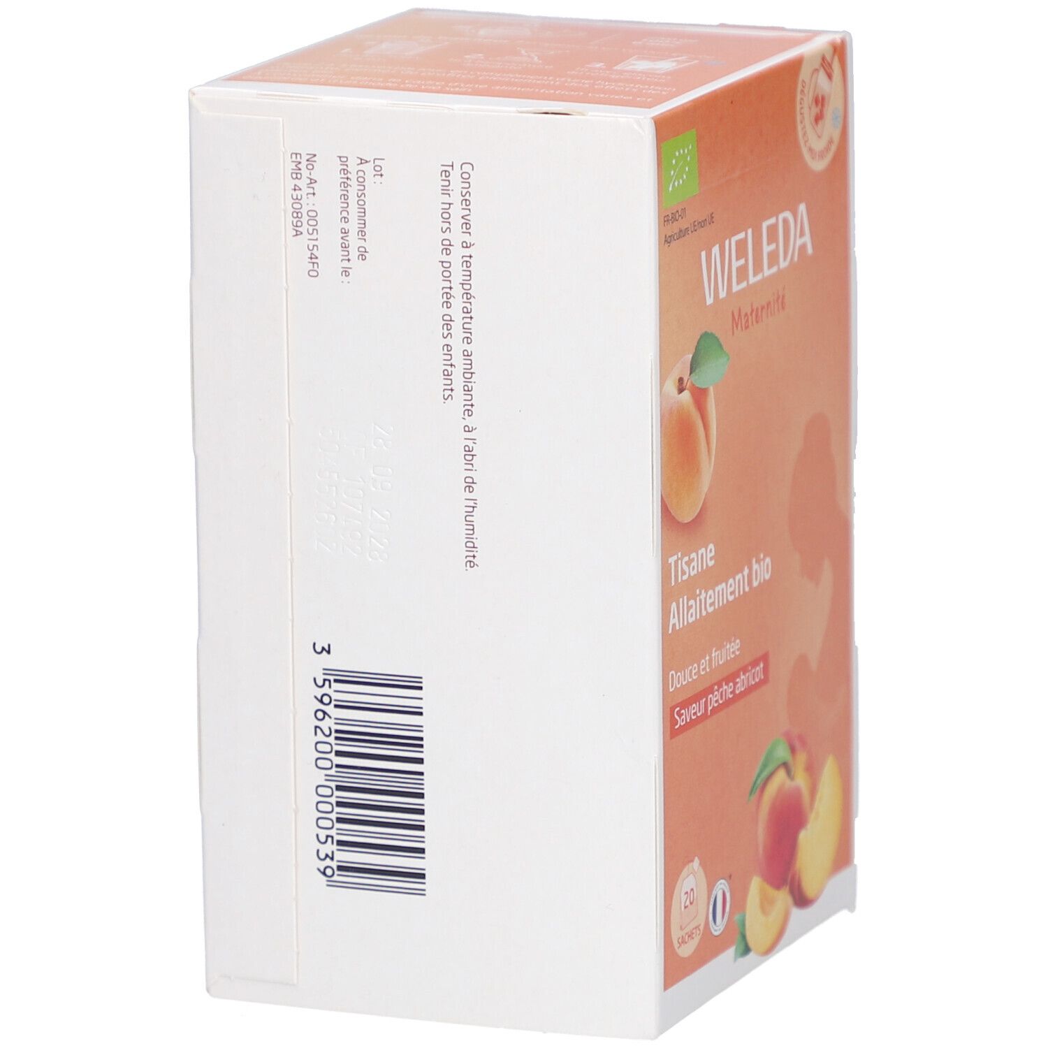 Karton mit Barcode und Text. WELEDA-Logo. Text: Tisane Allaitement bio, Douce et fruitée, Saveur pêche abricot. Bio-Logo.