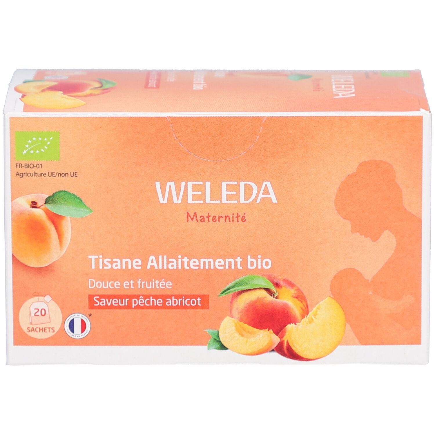 Karton mit WELEDA-Logo und Text. Abbildung von Pfirsich und Aprikose. Text: Tisane Allaitement bio, Douce et fruitée, Saveur pêche abricot. Bio-Logo.