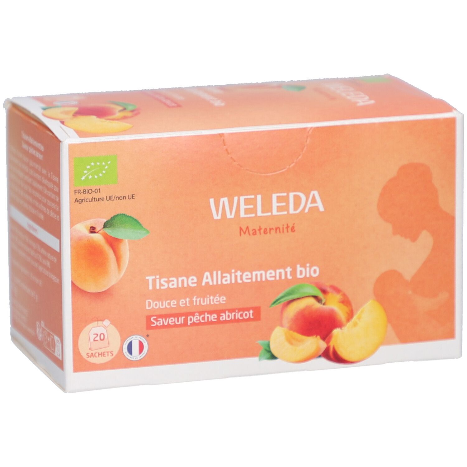 Karton mit WELEDA-Logo und Text. Abbildung von Pfirsich und Aprikose. Text: Tisane Allaitement bio, Douce et fruitée, Saveur pêche abricot. Bio-Logo.