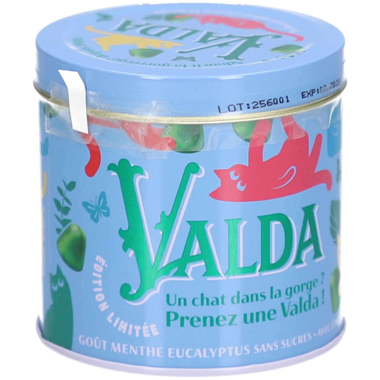 Runde, blaue Dose mit VALDA-Logo und Katzen-Illustrationen. Aufschrift: Edition Limitée, Gout Menthe Eucalyptus Sans Sucres.