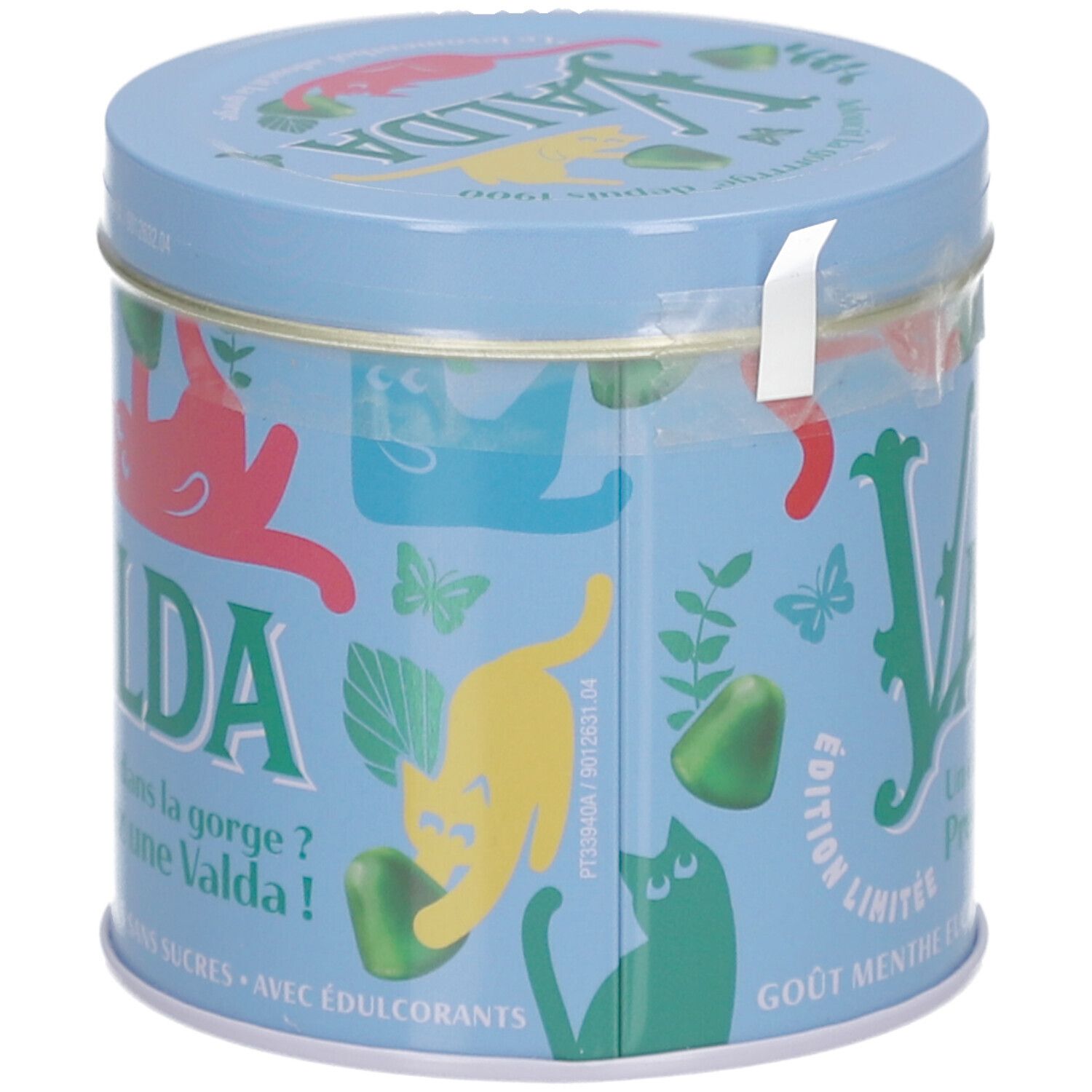 Blaue Dose mit VALDA-Logo und Katzen-Illustrationen. Aufschrift: Edition Limitée, Gout Menthe Eucalyptus Sans Sucres. Mit Aufkleber.