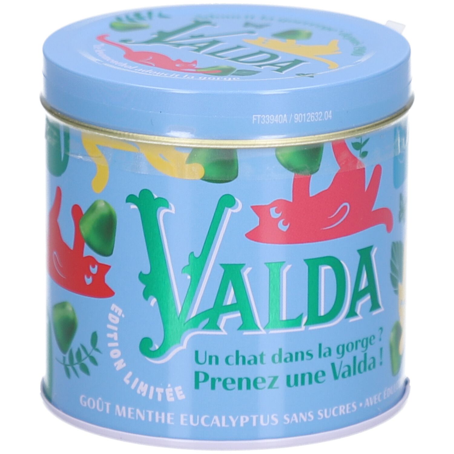 Blaue Dose mit VALDA-Logo und Katzen-Illustrationen. Aufschrift: Edition Limitée, Gout Menthe Eucalyptus Sans Sucres. Mit Aufkleber.