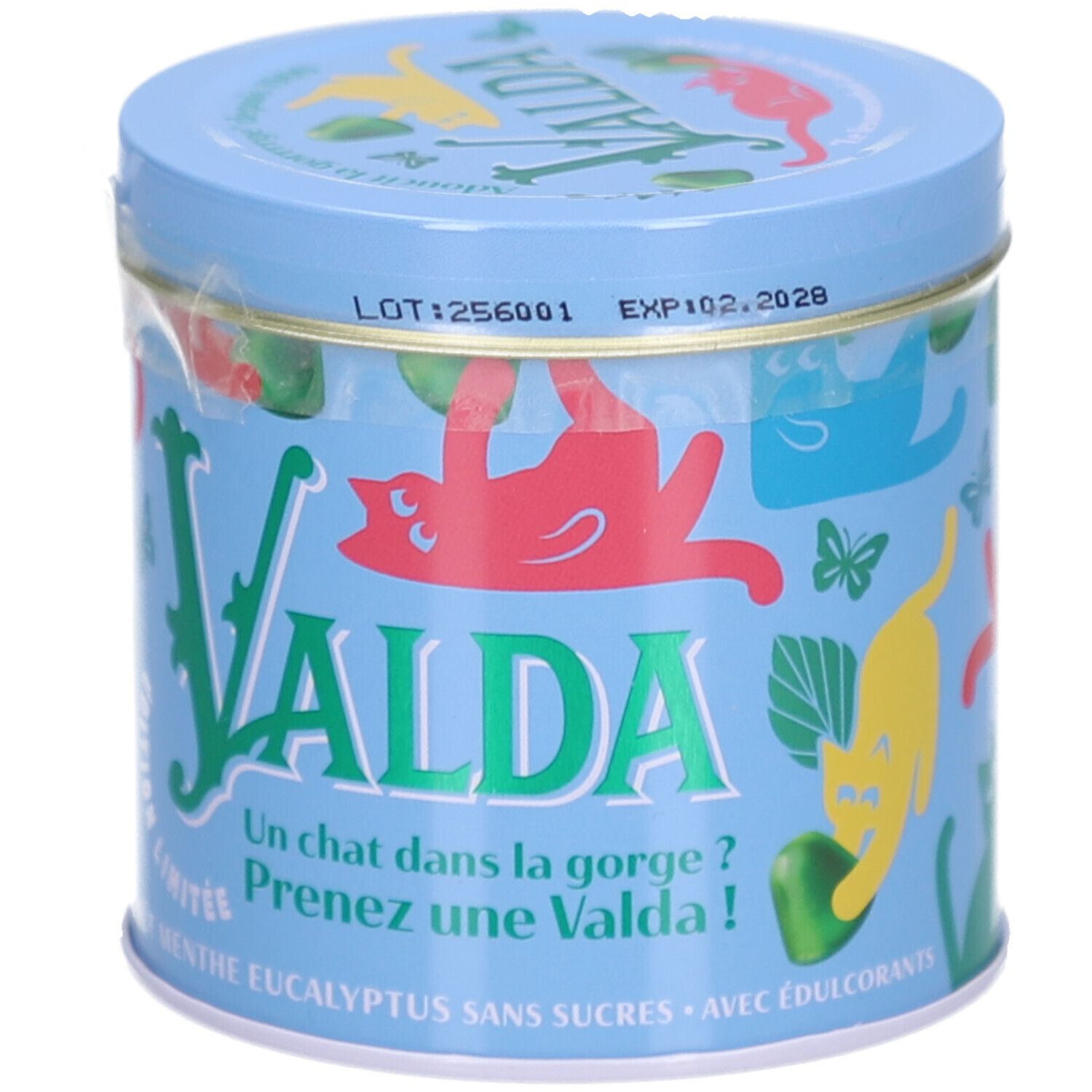 Blaue Dose mit VALDA-Logo und Katzen-Illustrationen. Aufschrift: Edition Limitée, Gout Menthe Eucalyptus Sans Sucres. Mit Aufkleber.