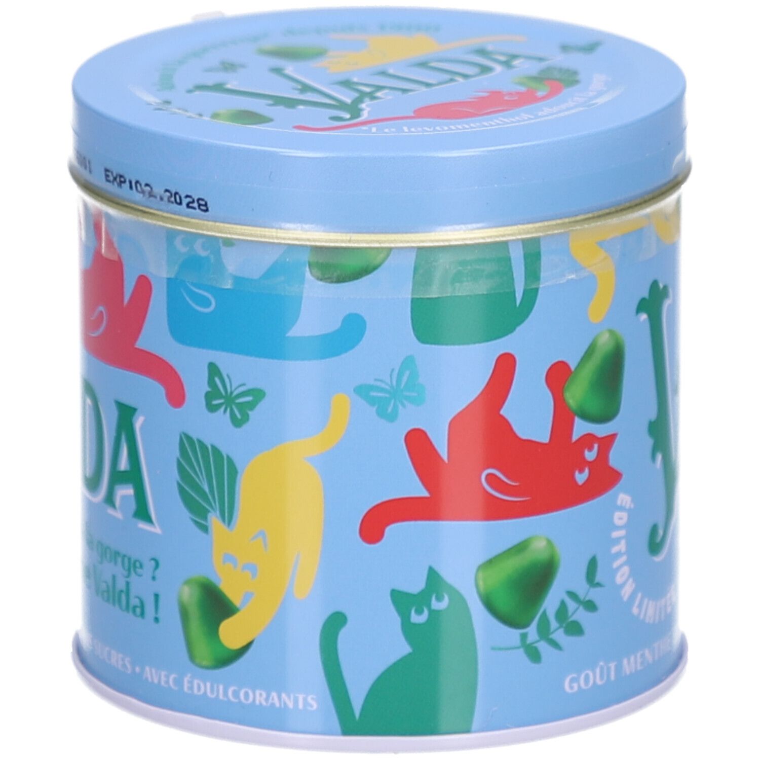 Blaue Dose mit VALDA-Logo und Katzen-Illustrationen. Aufschrift: Edition Limitée, Gout Menthe Eucalyptus Sans Sucres. Mit Aufkleber.