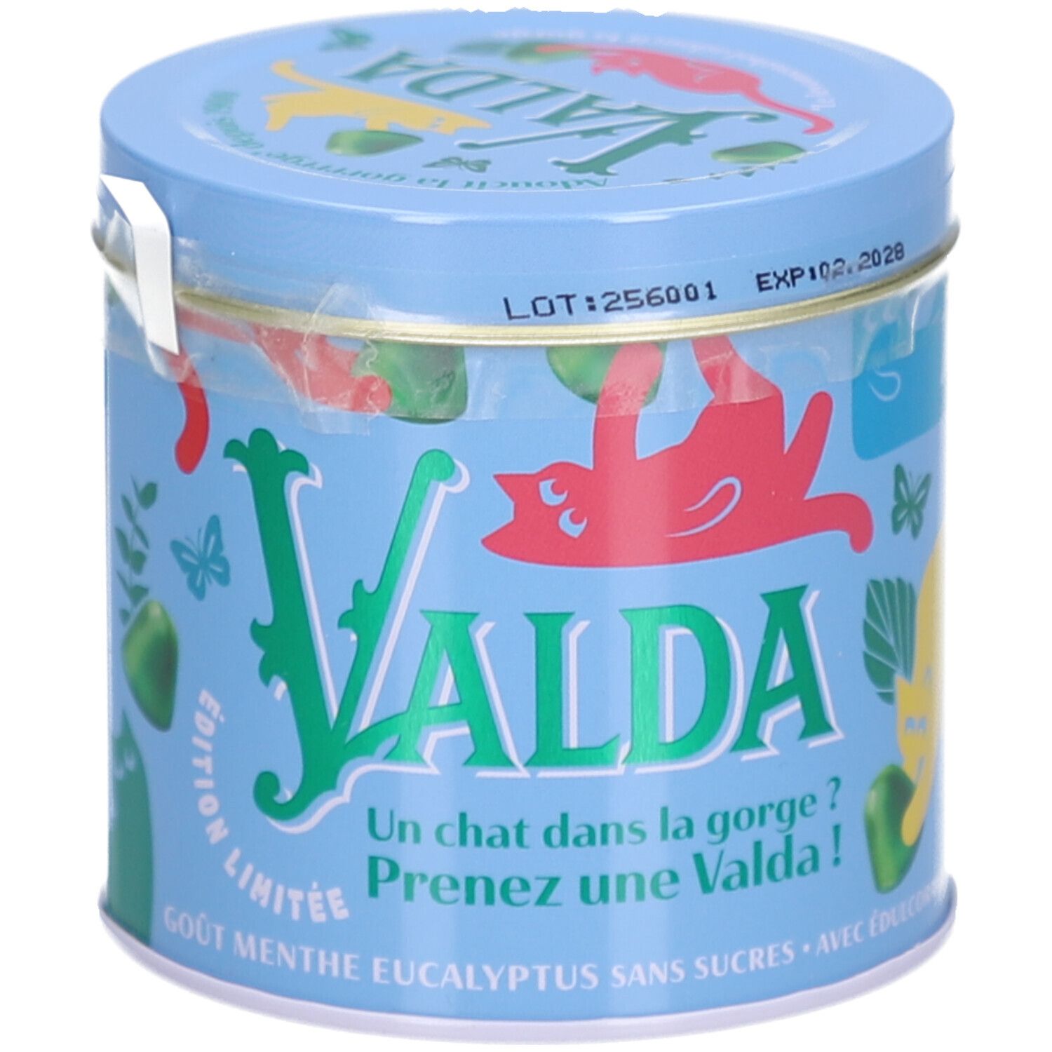 Blaue Dose mit VALDA-Logo und Katzen-Illustrationen. Aufschrift: Edition Limitée, Gout Menthe Eucalyptus Sans Sucres. Mit Aufkleber.