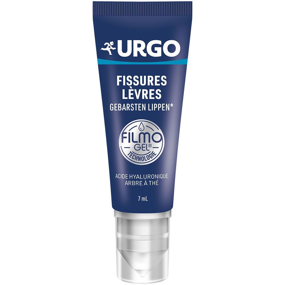 Tube bleu URGO. Nom du produit: Fissures Lèvres. Contient 7 ml. Technologie Filmogel. Ingrédients: Acide hyaluronique, arbre à thé.