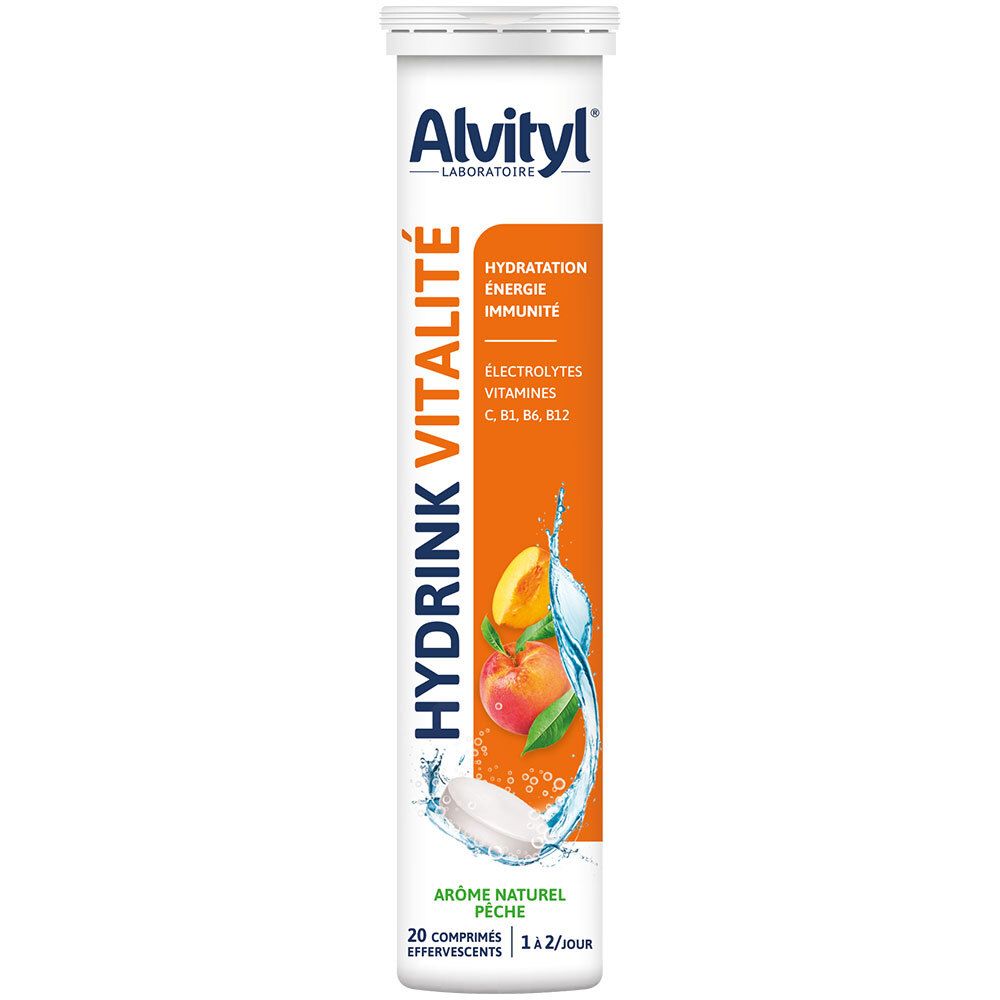 Zylindrische Verpackung von ALVITYL HYDRINK VITALITE CPR EFF20. Enthält 20 Brausetabletten mit Pfirsichgeschmack. Orangefarbenes Etikett mit Produktnamen.