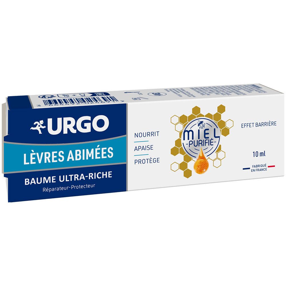 Boîte URGO. Bleu et blanc, avec nom et logo du produit. Contient 10 ml. Symbole de miel.