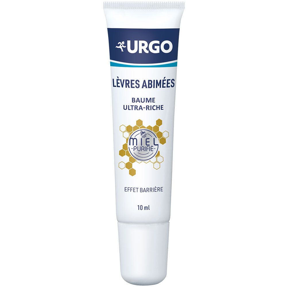 Tube blanc avec bouchon bleu. Logo URGO et nom du produit. Contient 10 ml. Symbole de miel.