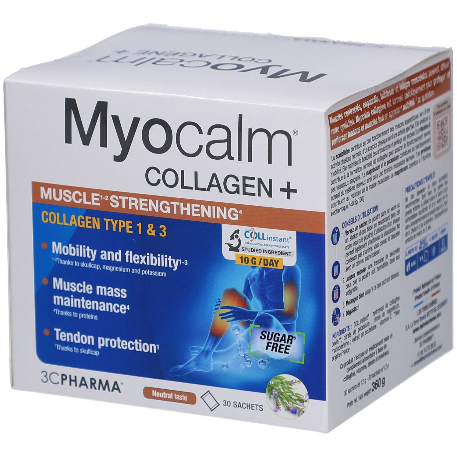 Boîte blanche Myocalm Collagène+. Texte: Renforcement musculaire, mobilité, masse musculaire, tendons. 30 sachets, sans sucre.