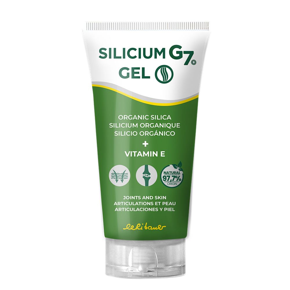 Tube mit grünem Gel. Aufschrift: Silicium G7 Gel, Organic Silica, Vitamin E. Für Gelenke und Haut. Le laboratoire Le lili baeuer.