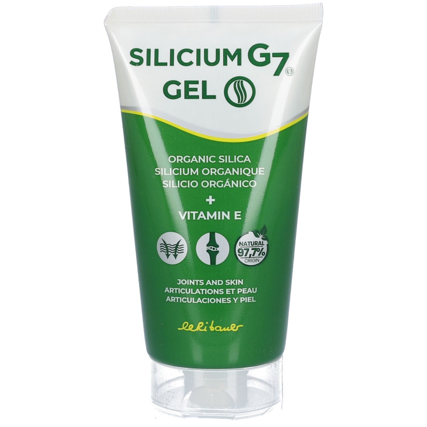 Tube Silicium G7 Gel. Weißer Deckel, grüne Schrift und Streifen. Enthält Vitamin E. Text: Organic Silica, Joints and Skin.