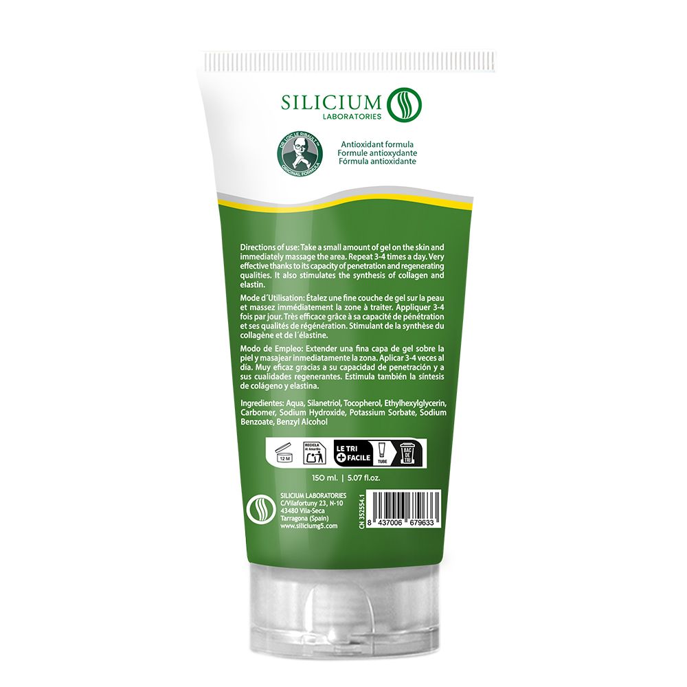 Rückseite der Tube mit grünem Gel. Aufschrift: Silicium G7, Antioxidant Formel. Inhaltsstoffe und Anwendungshinweise. Le laboratoire.