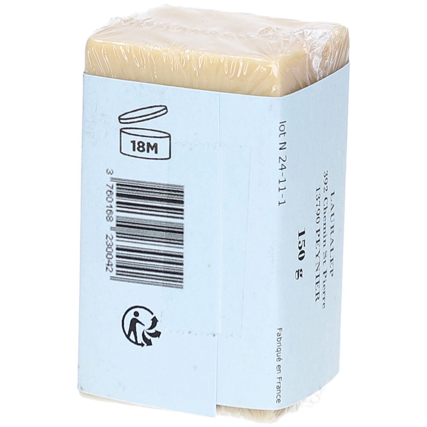 Savon d'Alep, verpackt. Rückseite der blauen Verpackung mit Barcode, 18M-Symbol und 150g Gewicht.