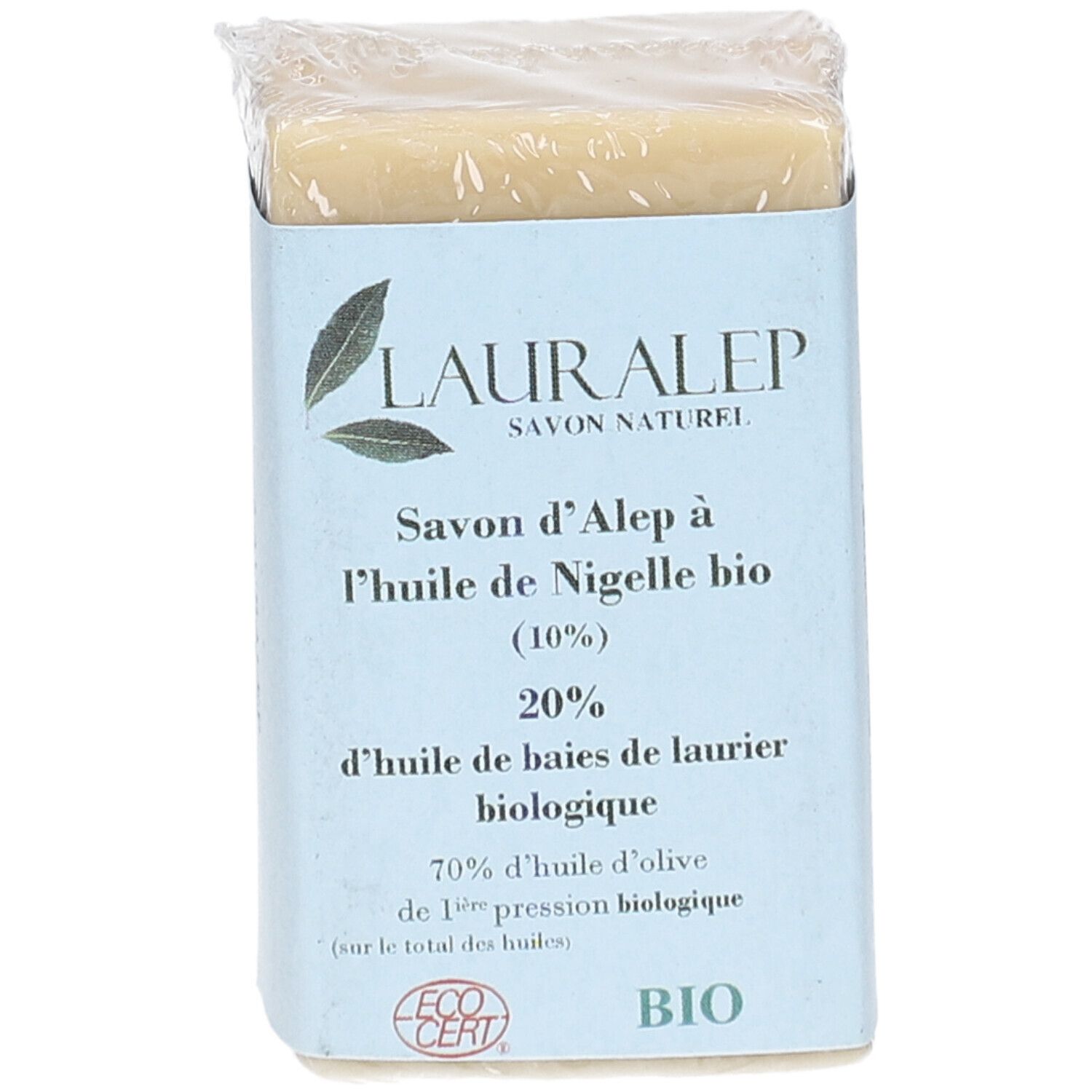 Savon d'Alep, verpackt. Blaue Verpackung mit Produktinformationen und LAURALEP-Logo. Bio-Zertifizierung.