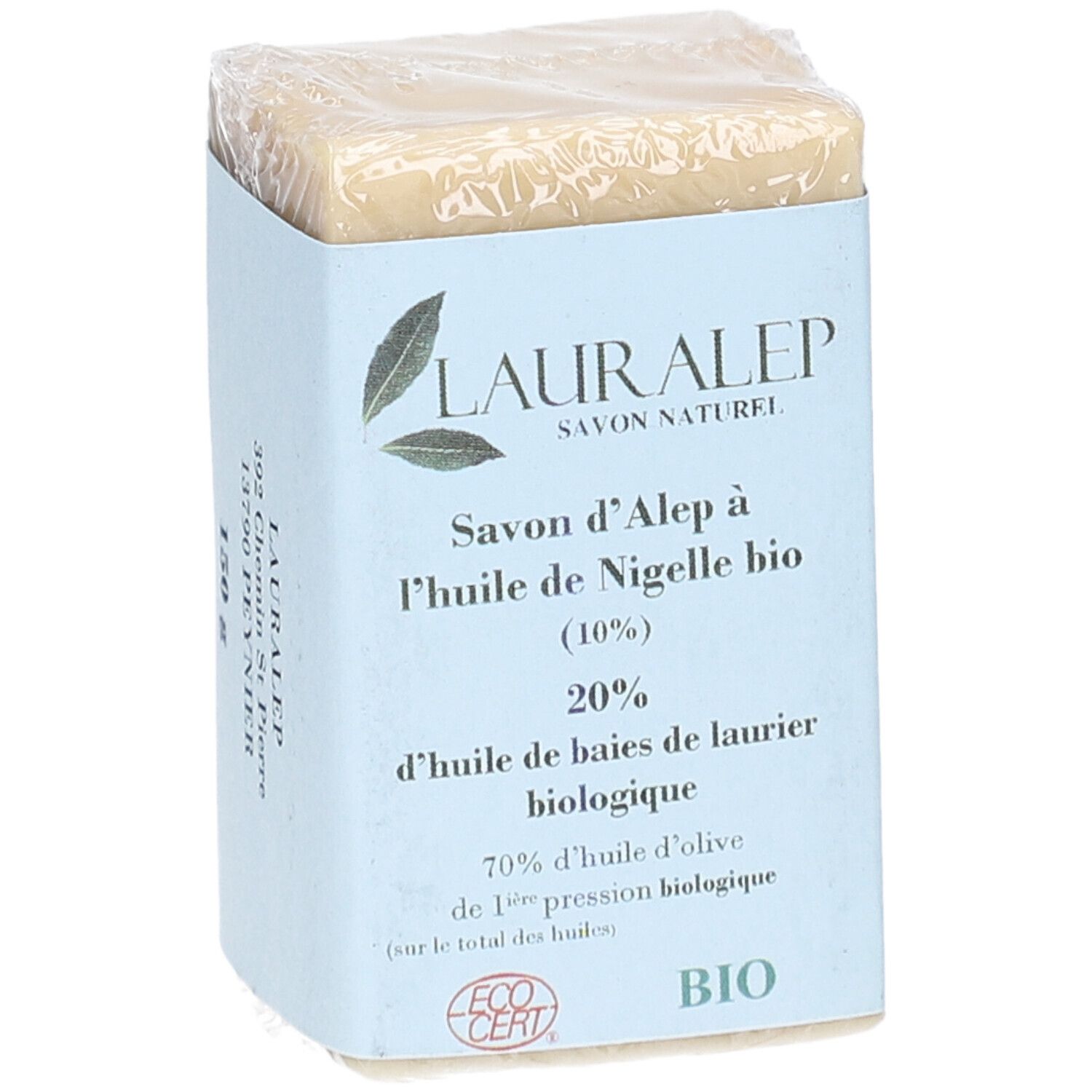 Savon d'Alep, verpackt. Blaue Verpackung mit Produktinformationen und LAURALEP-Logo. Bio-Zertifizierung.