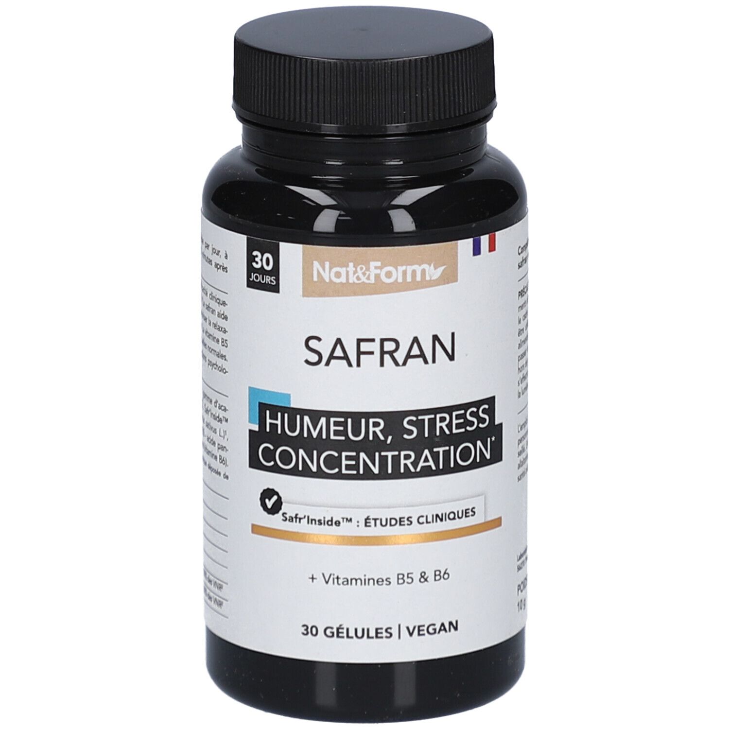 Braune Flasche mit schwarzen Kapseln. Aufschrift: SAFRAN, Stimmung, Stress, Konzentration. Enthält Vitamine B5 & B6. 30 Kapseln, vegan.
