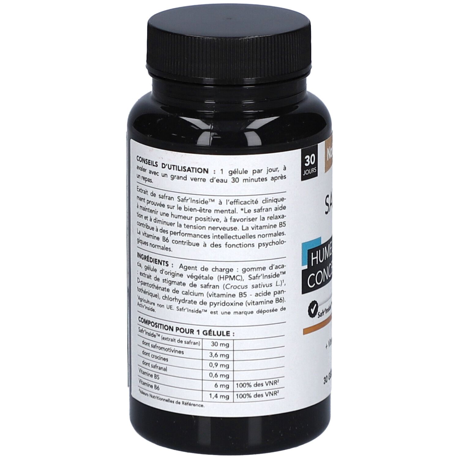 Rückseite der Flasche mit Text. Enthält Informationen zu Inhaltsstoffen, Anwendung und Nährwertangaben. Text in französischer Sprache.