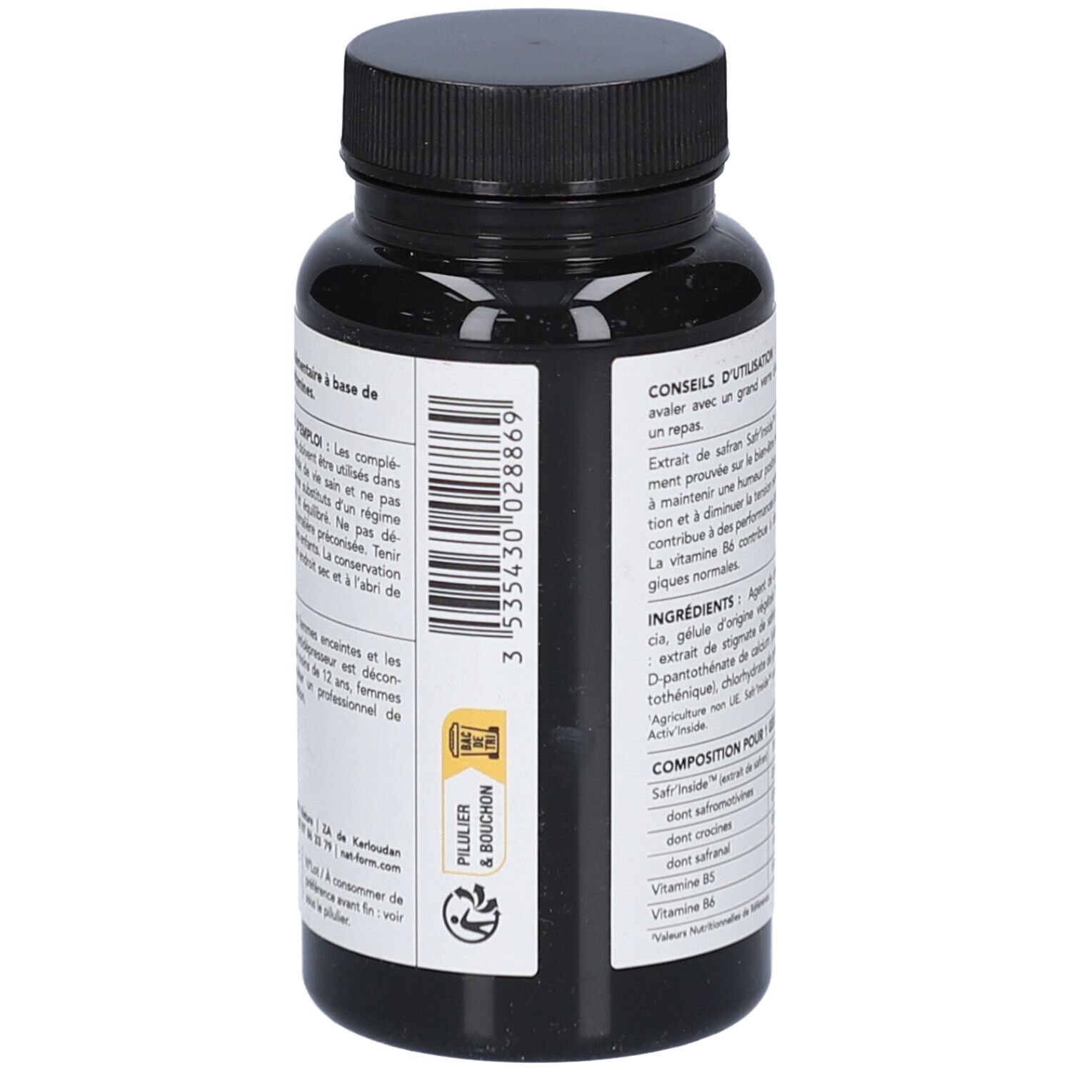 Rückseite der Flasche mit Text. Enthält Informationen zu Inhaltsstoffen, Anwendung und Nährwertangaben. Text in französischer Sprache.