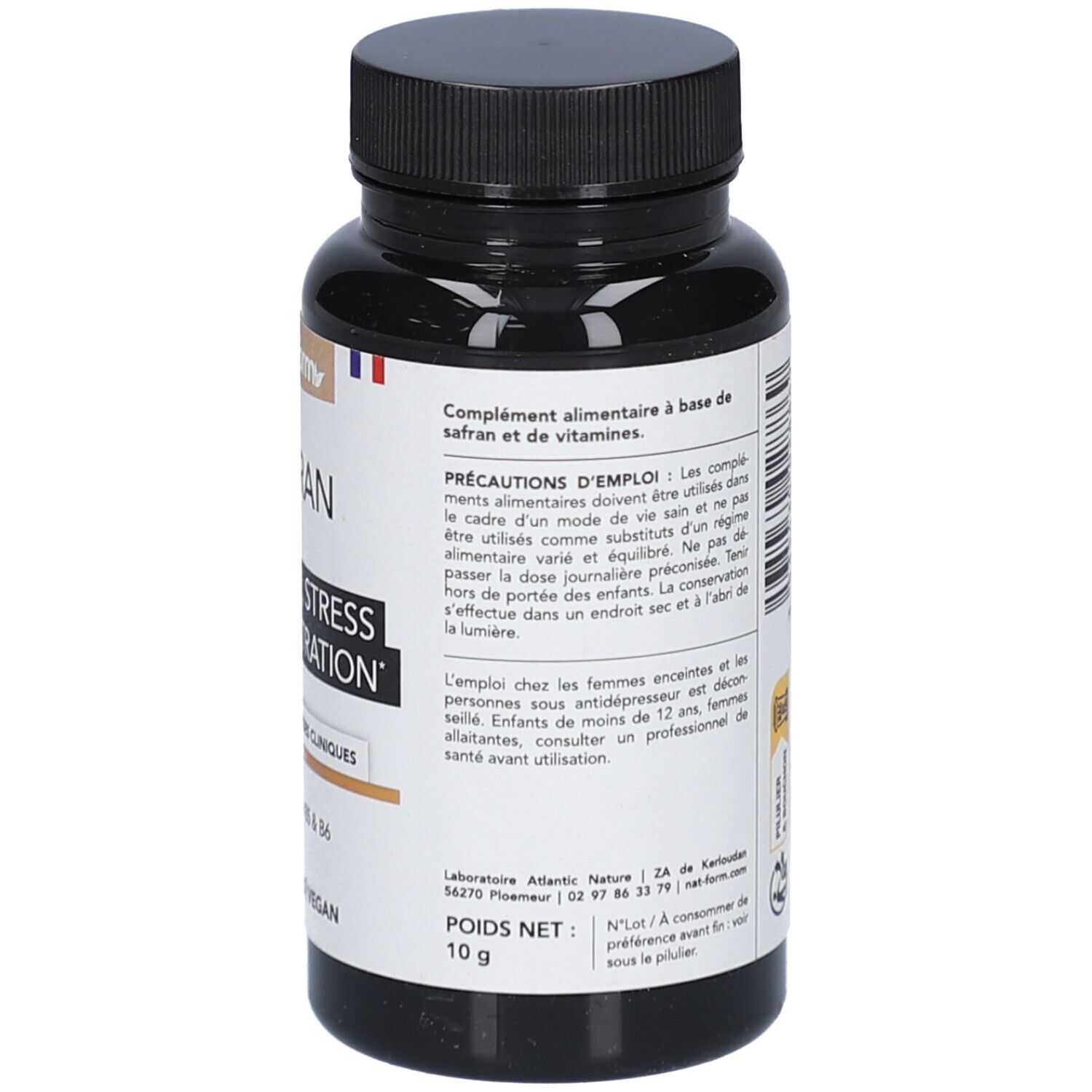 Rückseite der Flasche mit Text. Enthält Informationen zu Inhaltsstoffen, Anwendung und Nährwertangaben. Text in französischer Sprache.