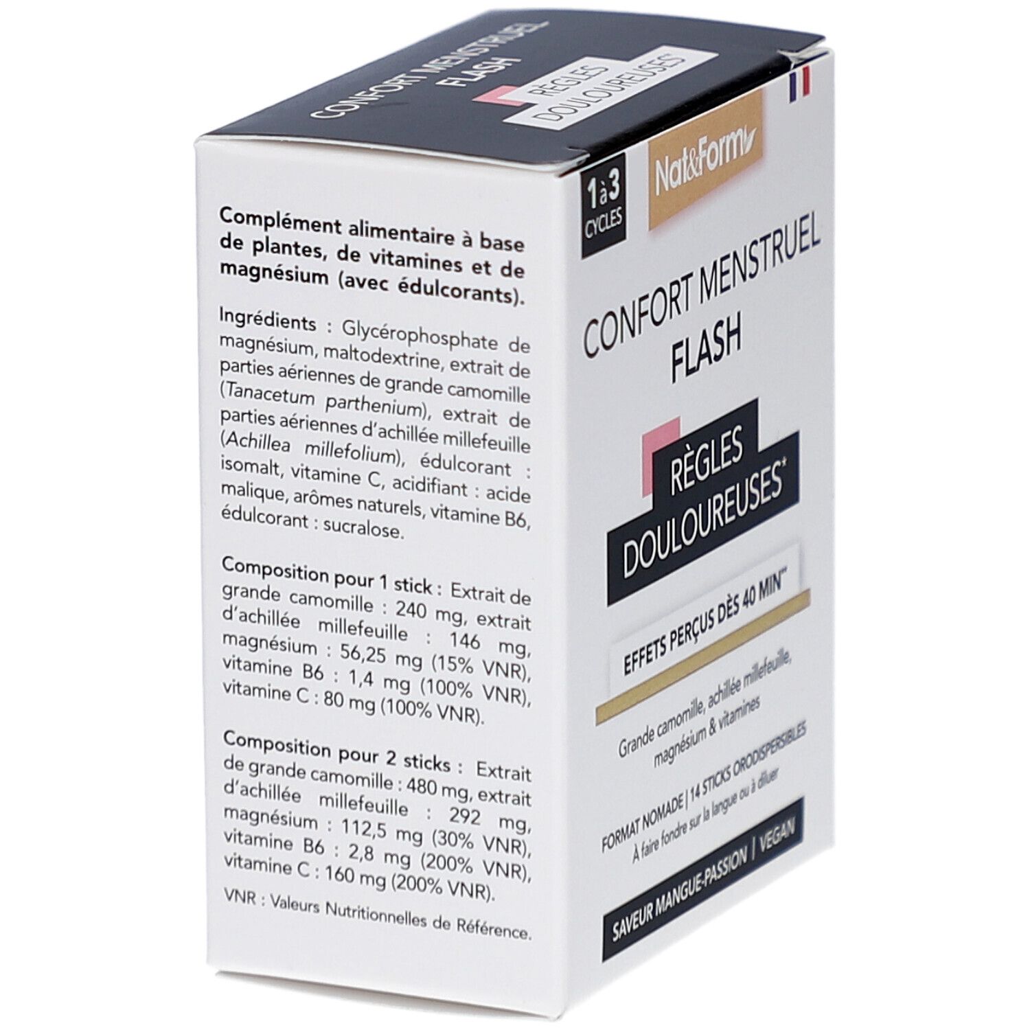Dos de la boîte NAT & FORM Confort Menstruel Flash. Contient ingrédients et informations nutritionnelles. Texte en français.