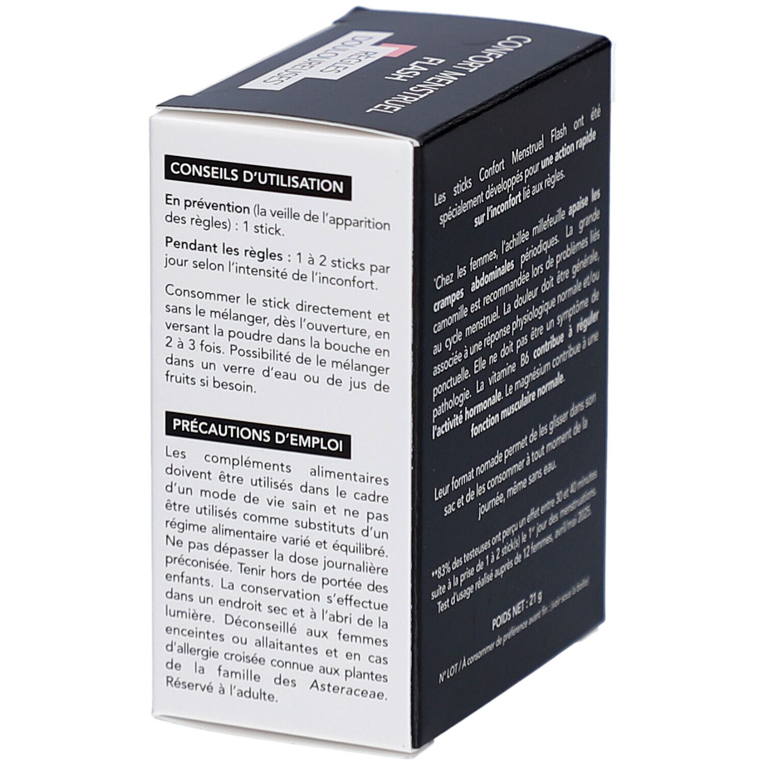 Boîte NAT & FORM Confort Menstruel Flash. Conseils d'utilisation et précautions. Texte en français.