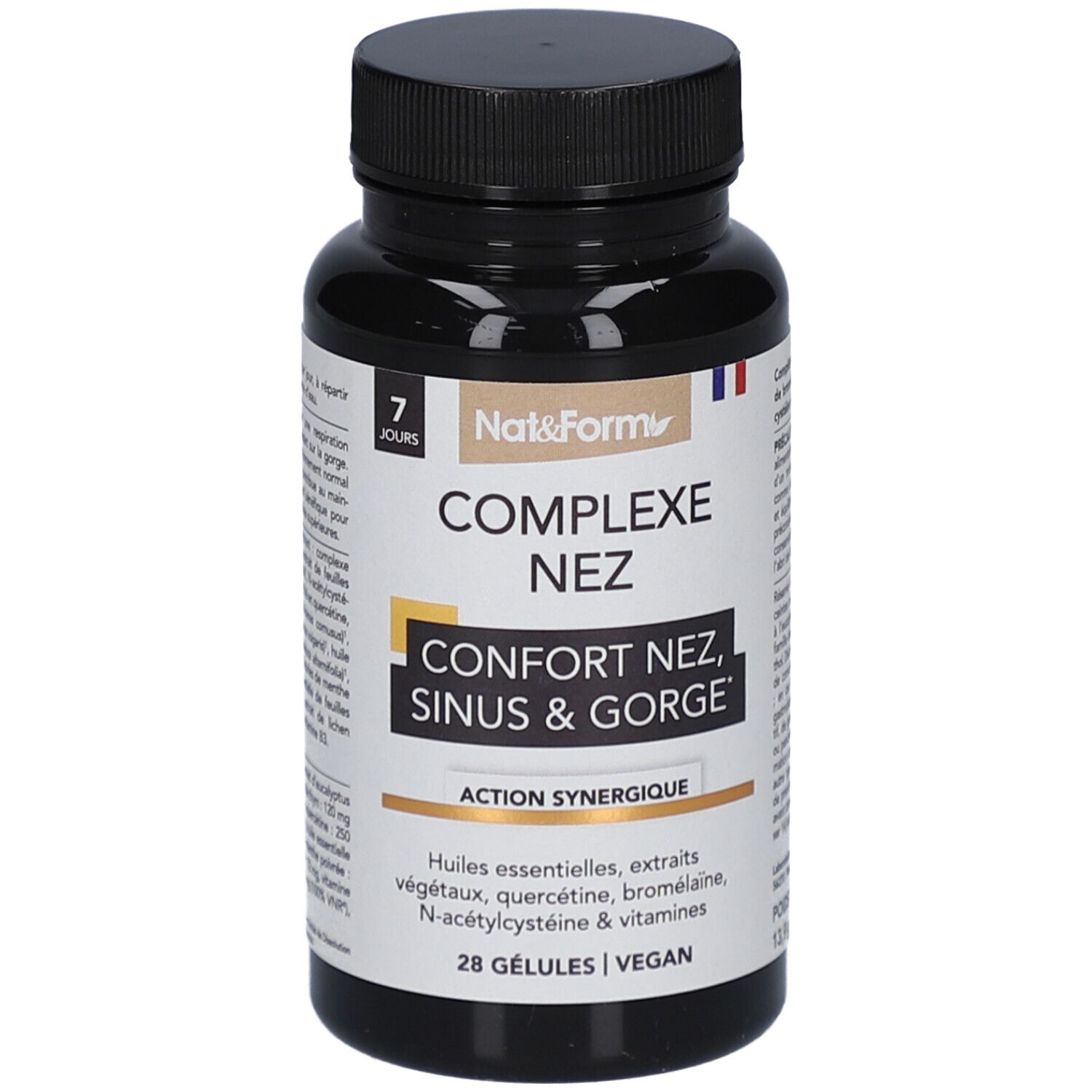 Schwarze Flasche mit Kapseln. Aufschrift: COMPLEXE NEZ, Confort Nez, Sinus & Gorge. Marke: Nat&Form. 28 Kapseln, vegan.