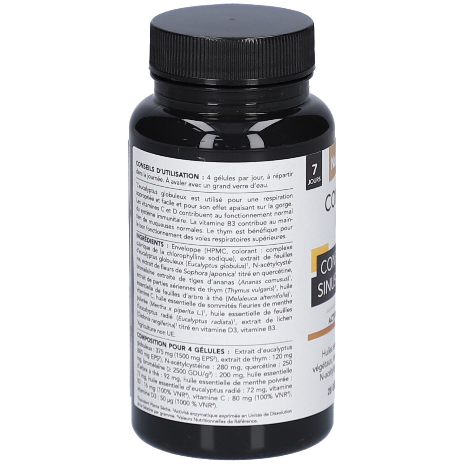 Rückseite der schwarzen Flasche mit Kapseln. Text: Inhaltsstoffe, Anwendungshinweise. Marke: Nat&Form. 7 Tage.