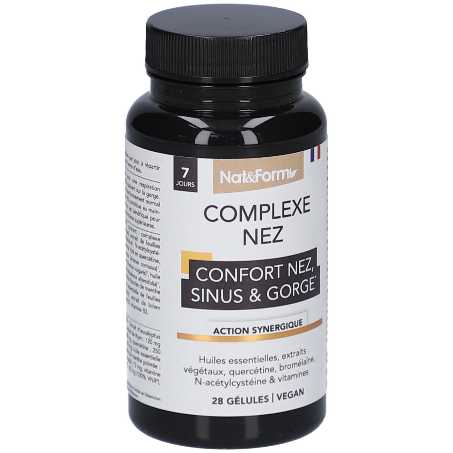 Schwarze Flasche mit Kapseln. Aufschrift: COMPLEXE NEZ, Confort Nez, Sinus & Gorge. Marke: Nat&Form. 28 Kapseln, vegan.