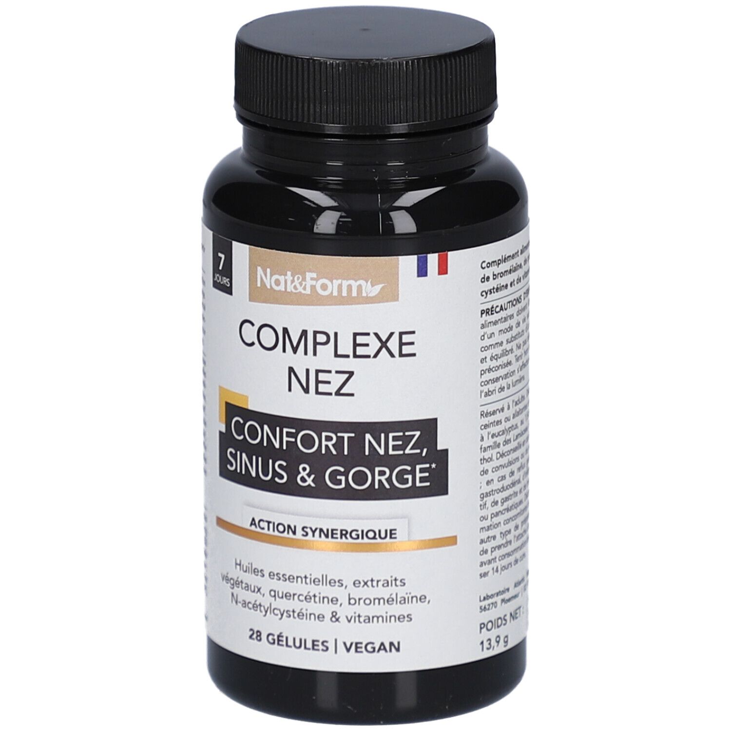 Schwarze Flasche mit Kapseln. Aufschrift: COMPLEXE NEZ, Confort Nez, Sinus & Gorge. Marke: Nat&Form. 28 Kapseln, vegan.