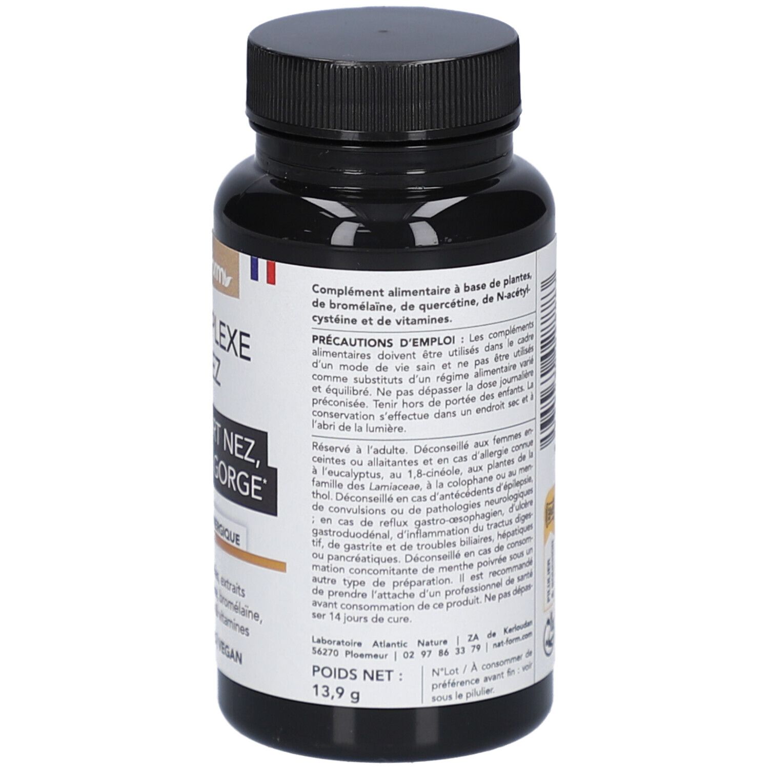 Rückseite der schwarzen Flasche mit Kapseln. Text: Vorsichtsmaßnahmen, Inhaltsstoffe. Marke: Nat&Form. Gewicht: 13,9 g.