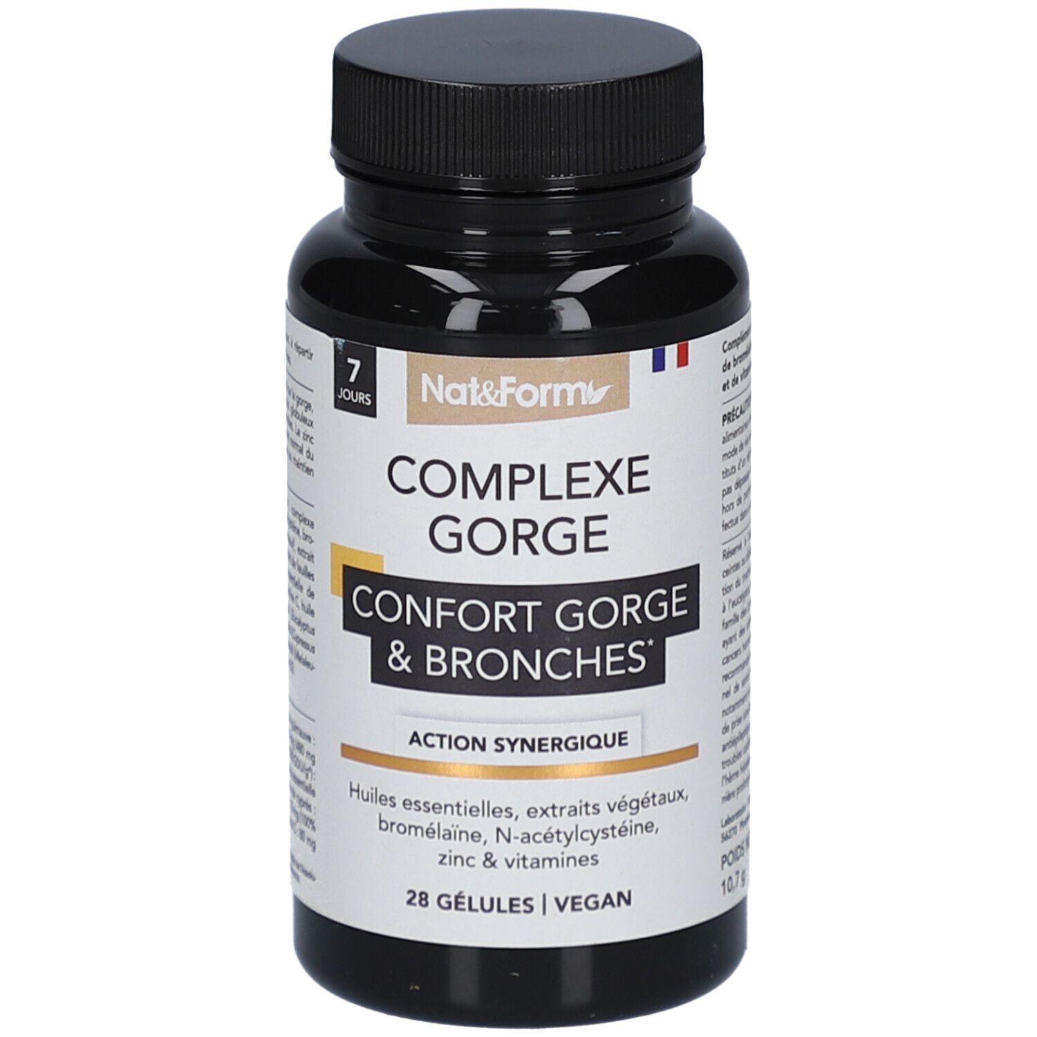 Schwarze Flasche mit Kapseln. Aufschrift: COMPLEXE GORGE, CONFORT GORGE & BRONCHES. Enthält 28 Kapseln. Vegan.