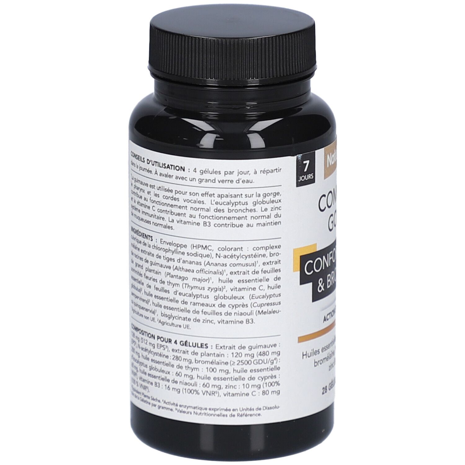 Rückseite der schwarzen Flasche mit Kapseln. Text mit Inhaltsstoffen und Anwendungshinweisen. 28 Kapseln.