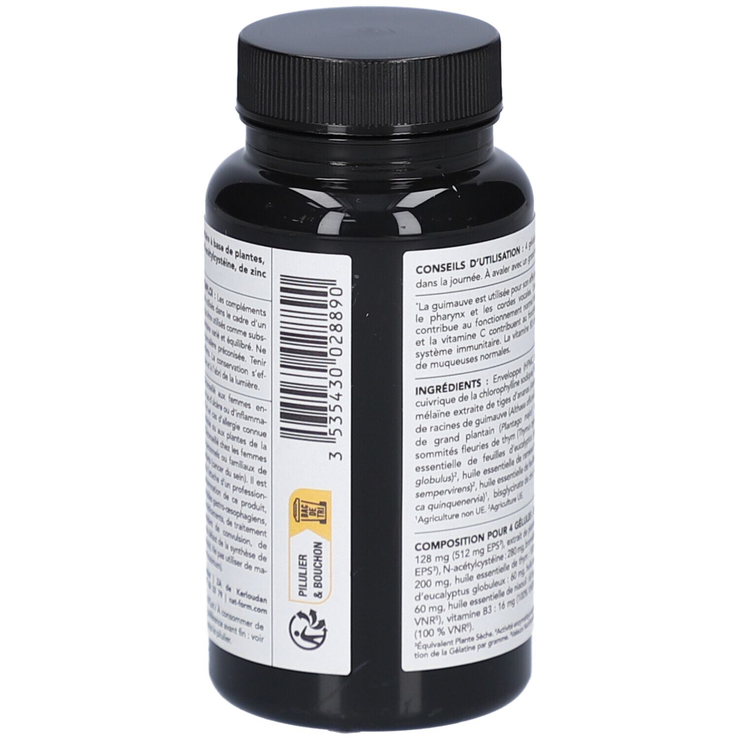 Rückseite der schwarzen Flasche mit Kapseln. Barcode und Text. Siegel.