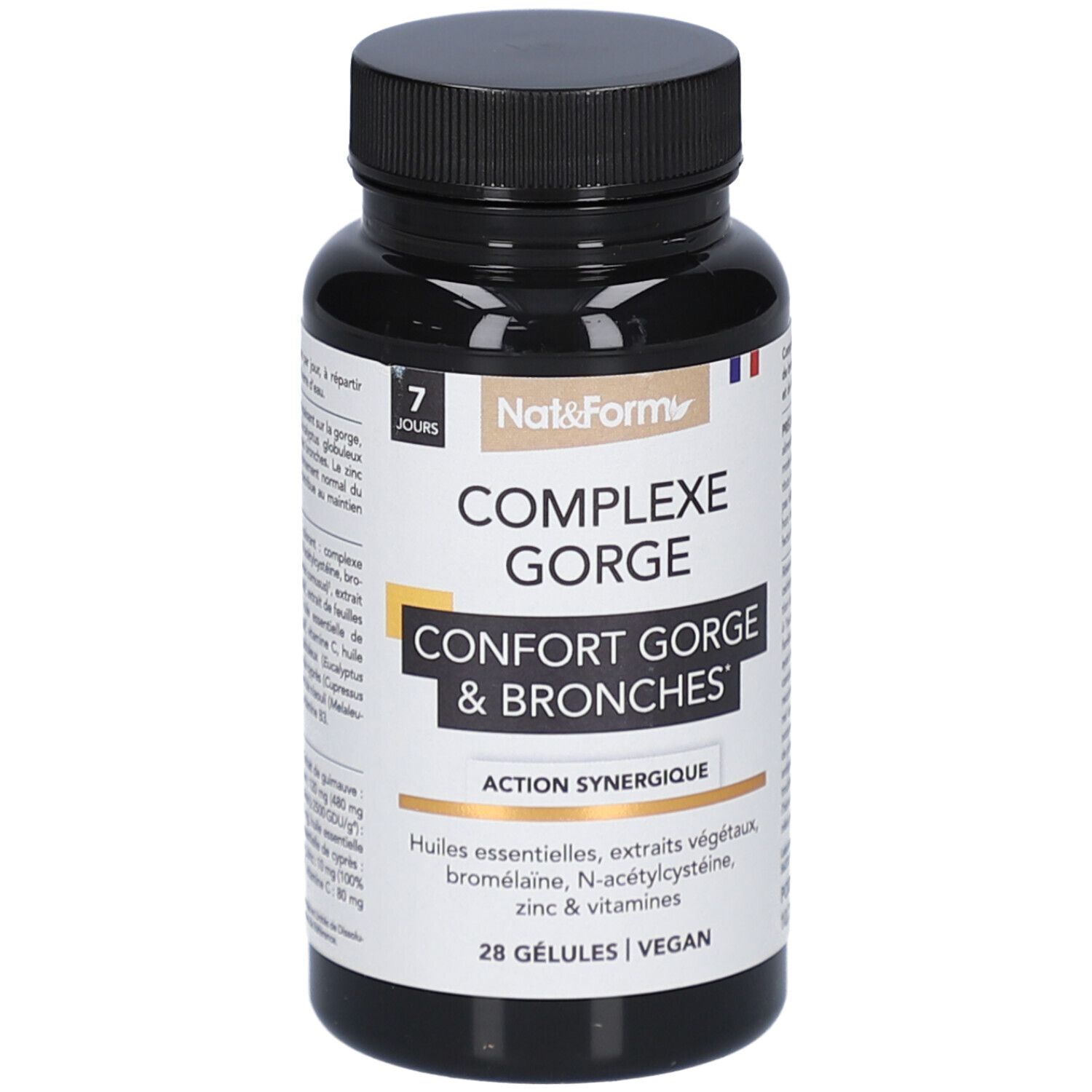 Schwarze Flasche mit Kapseln. Aufschrift: COMPLEXE GORGE, CONFORT GORGE & BRONCHES. 28 Kapseln. Vegan.
