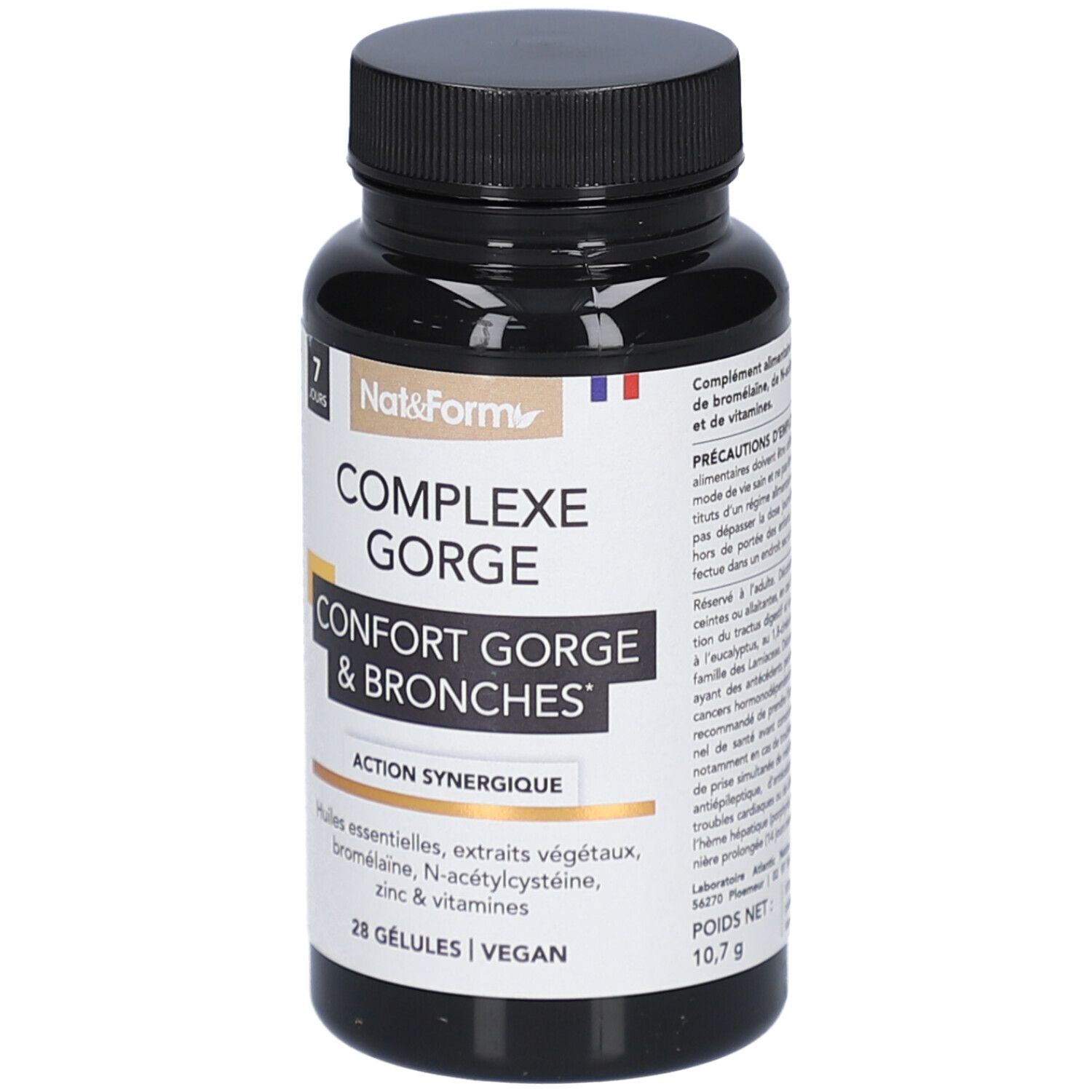 Schwarze Flasche mit Kapseln. Aufschrift: COMPLEXE GORGE, CONFORT GORGE & BRONCHES. 28 Kapseln. Vegan. Gewicht: 10,7 g.