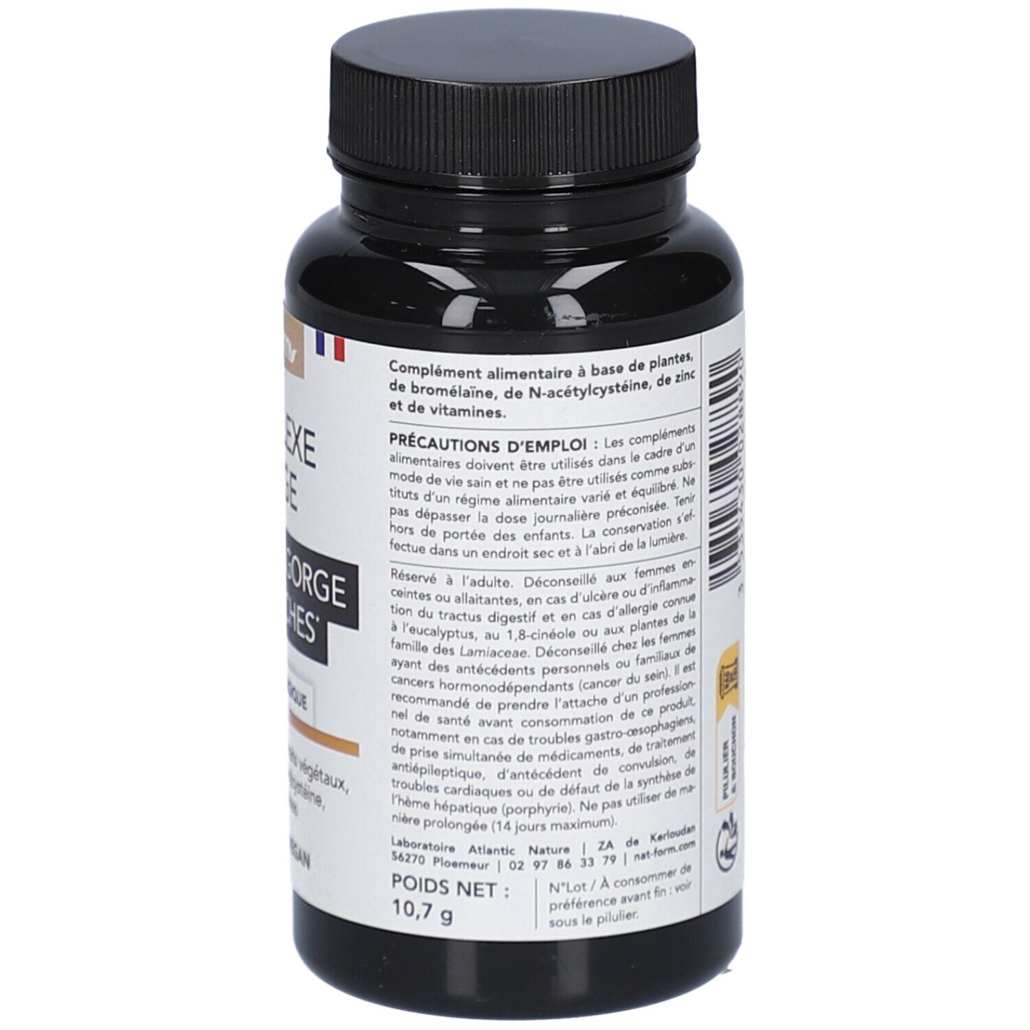 Rückseite der schwarzen Flasche mit Kapseln. Text mit Vorsichtsmaßnahmen und Gewicht: 10,7 g.