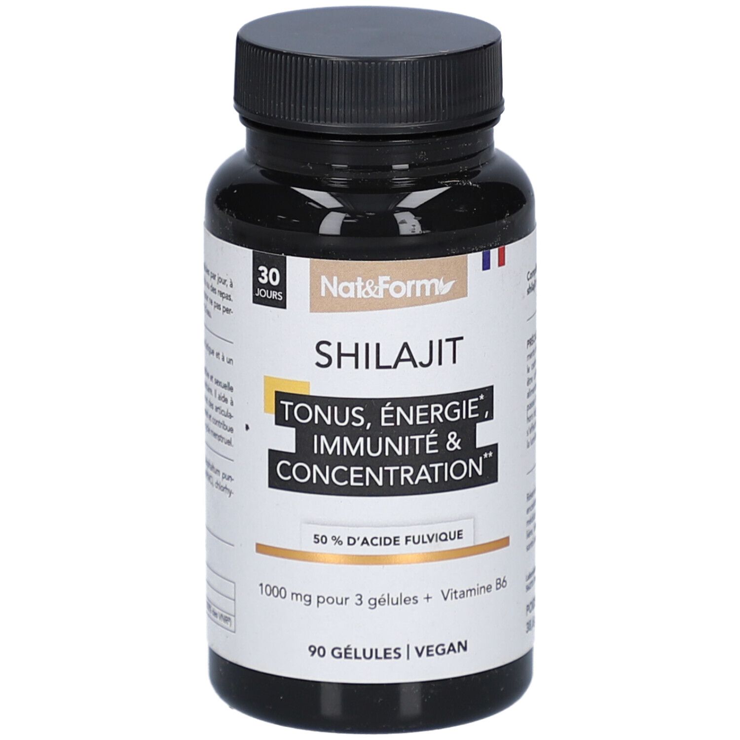 Flacon noir de gélules. Inscription: SHILAJIT, Tonus, Énergie, Immunité & Concentration. 90 gélules, vegan.