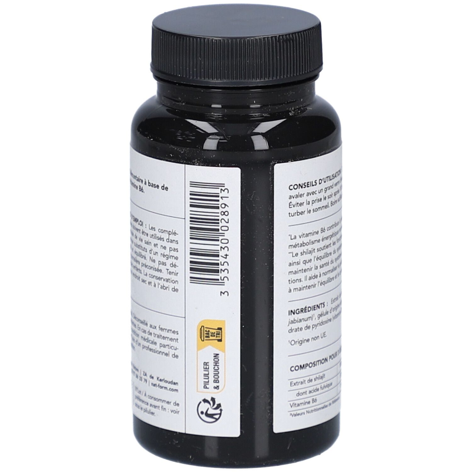 Dos du flacon avec texte et code-barres. Bouchon noir, étiquette blanche. Informations sur les ingrédients et l'utilisation.