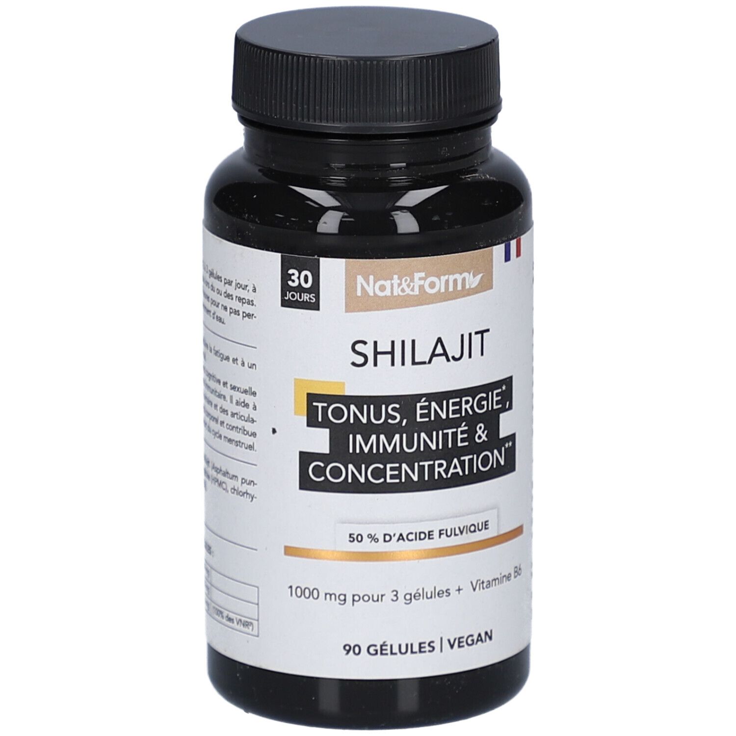 Flacon noir de gélules. Inscription: SHILAJIT, Tonus, Énergie, Immunité & Concentration. 90 gélules, vegan.