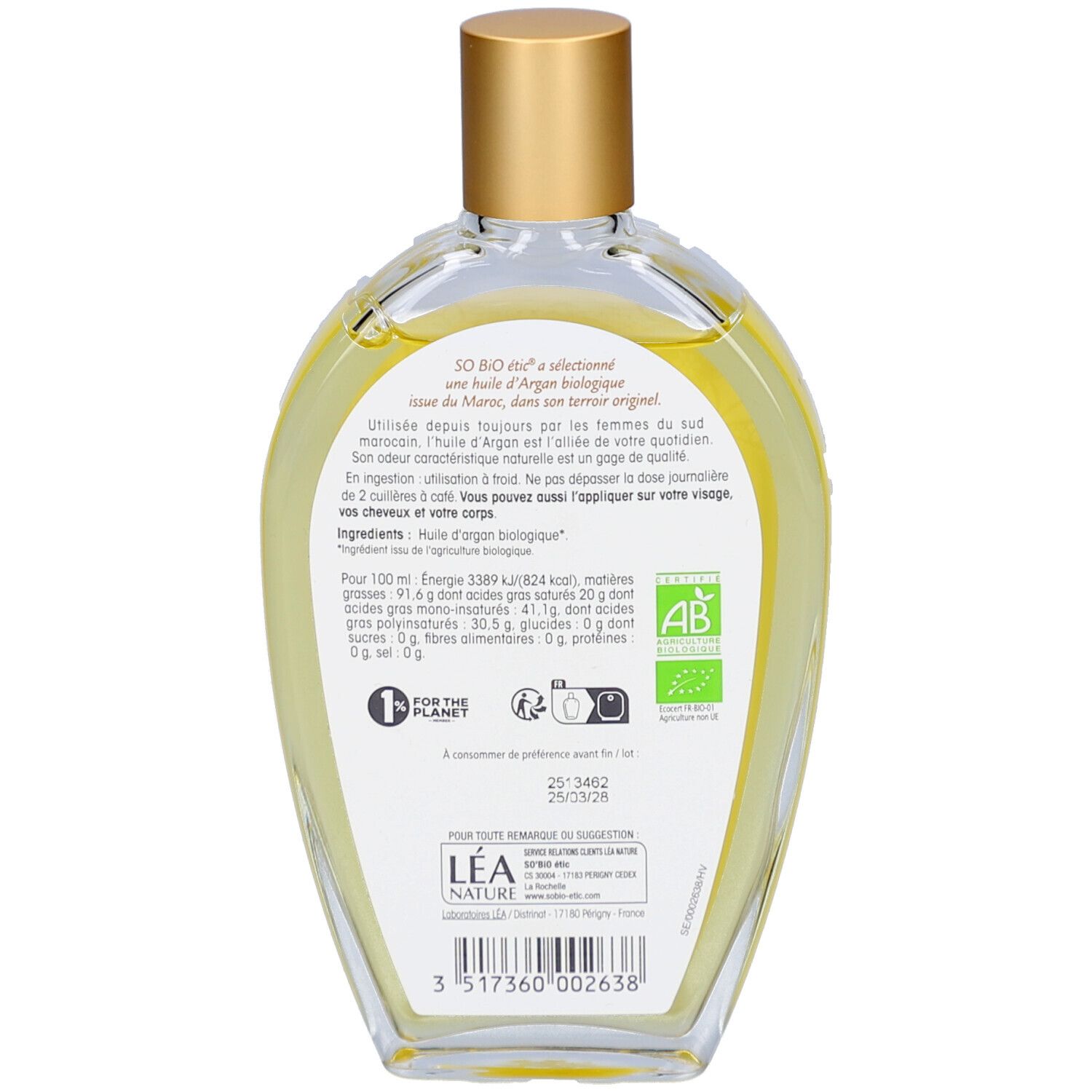 Rückseite der SO BIO ETIC Arganöl-Flasche. Etikett mit Produktinformationen, Inhaltsstoffen und Bio-Zertifizierung. Grüner Aufkleber.