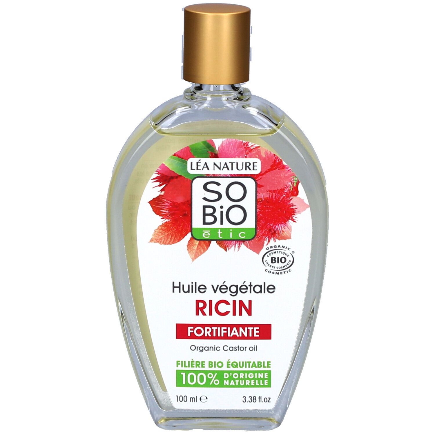 SO BIO ETIC Flasche mit goldfarbenem Verschluss. Etikett mit Produktnamen und floralem Design. Bio-Zertifizierung.