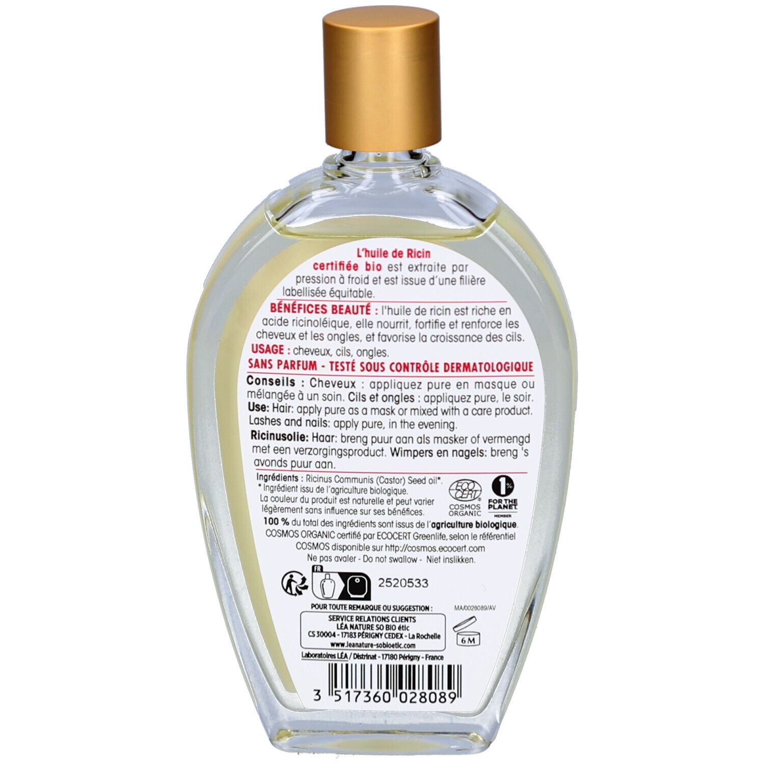 Rückseite der SO BIO ETIC Flasche. Textinformationen, Inhaltsstoffe, Gebrauchsanweisung und Bio-Zertifizierung.