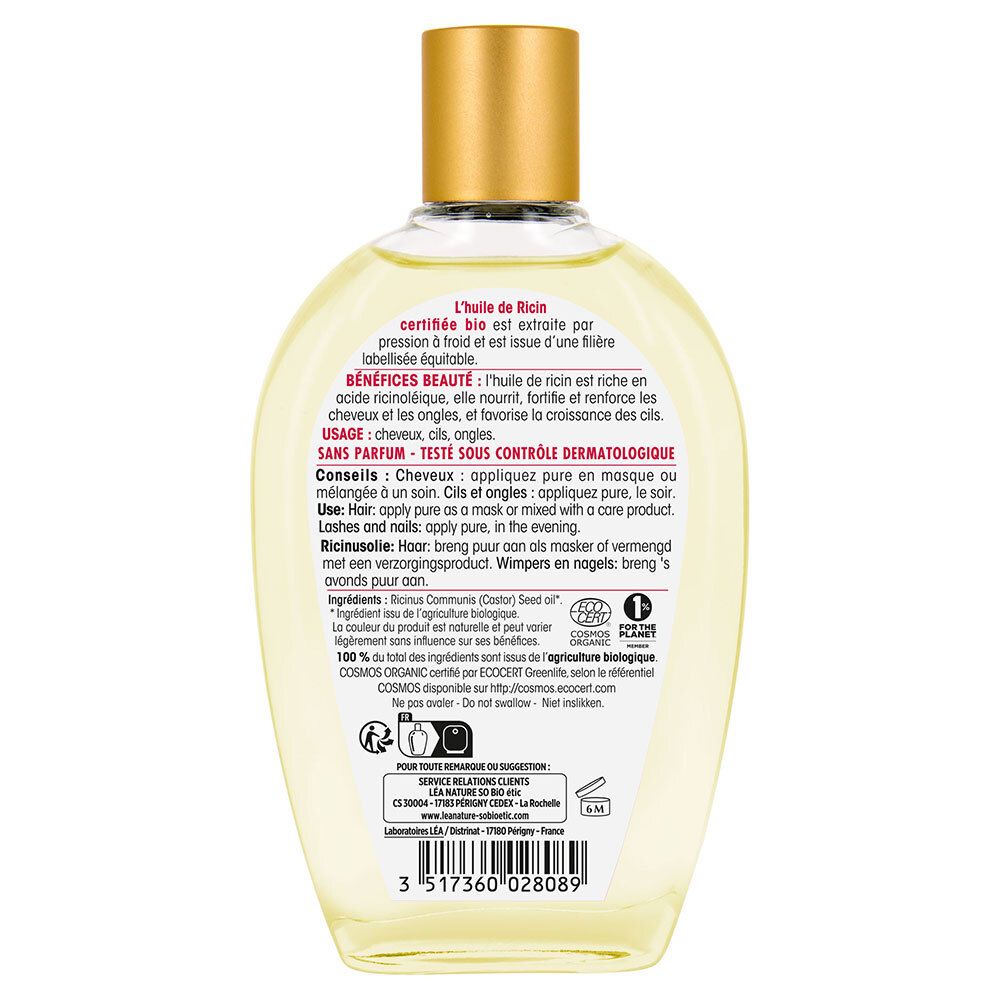 Rückseite der SO BIO ETIC Rizinusöl Flasche. Textinformationen, Inhaltsstoffe, Bio-Zertifizierung und Herstellerangaben.