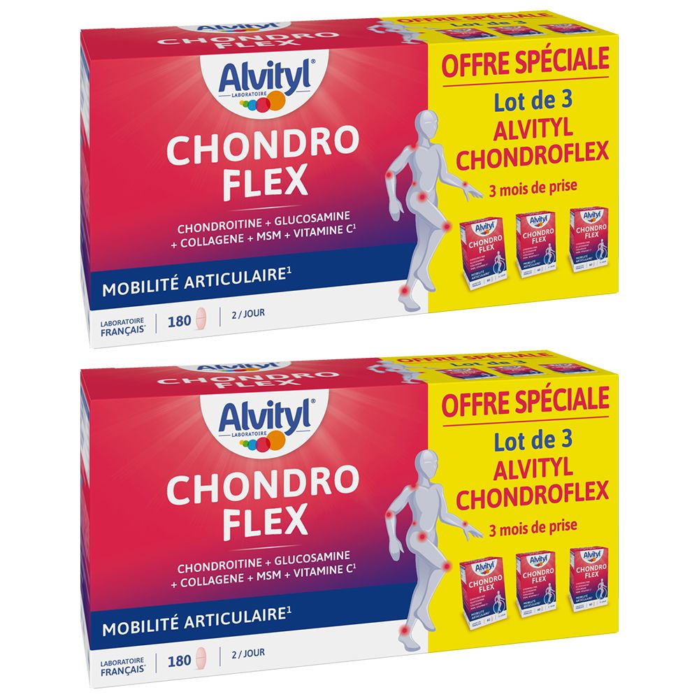 Zwei Packungen Alvityl Chondro Flex. Rote und gelbe Verpackung mit Produktnamen und Inhaltsstoffen. Spezielle Angebot: 3 Monate.