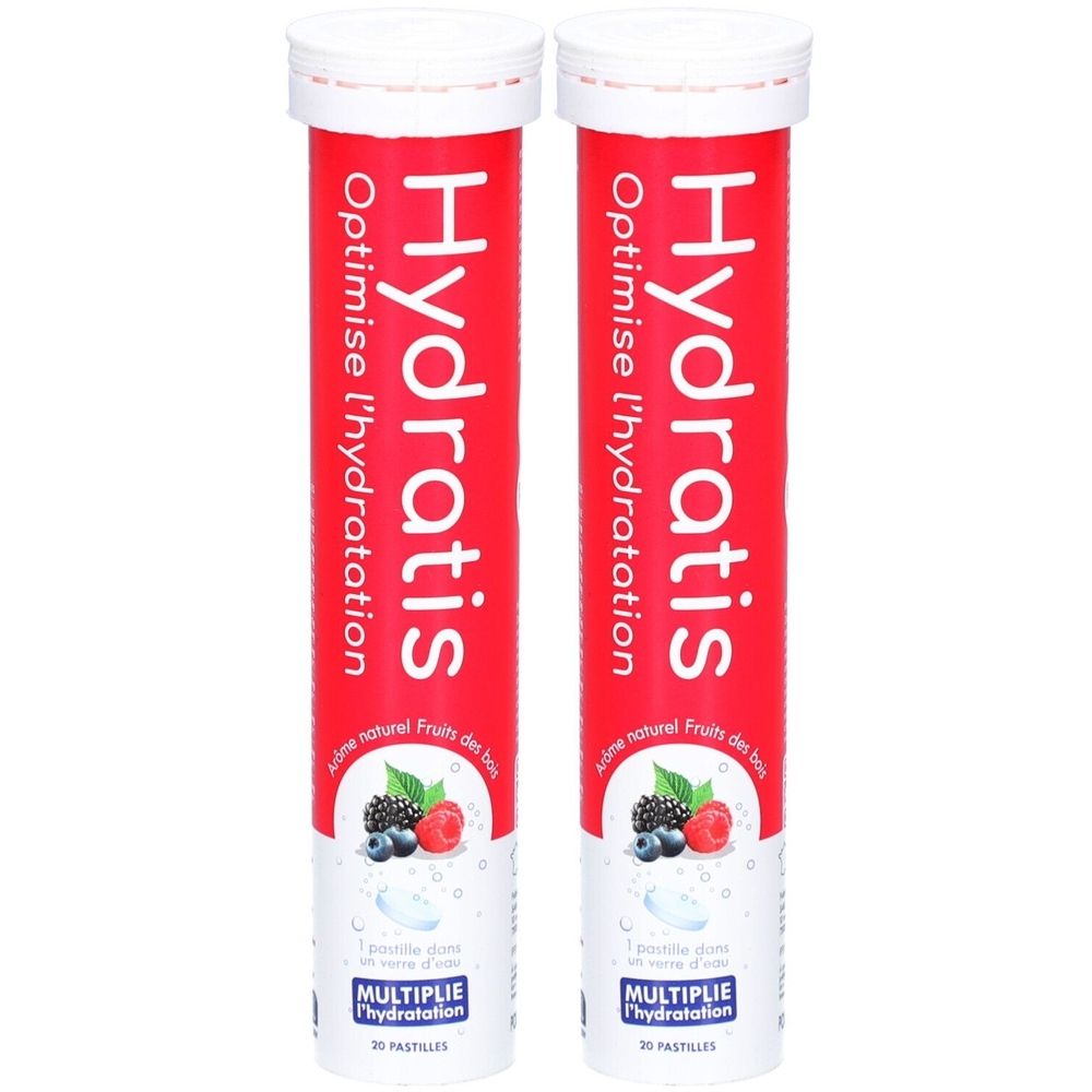Deux tubes rouges avec bouchons blancs. Inscription: Hydratis, Optimise l'hydratation. Illustration de baies. 20 pastilles.