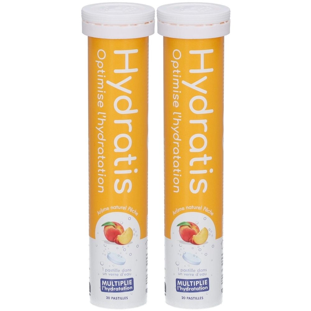 Deux tubes cylindriques avec bouchons blancs. Inscription "Hydratis" et "Optimise l'hydratation". Illustration de pêches.