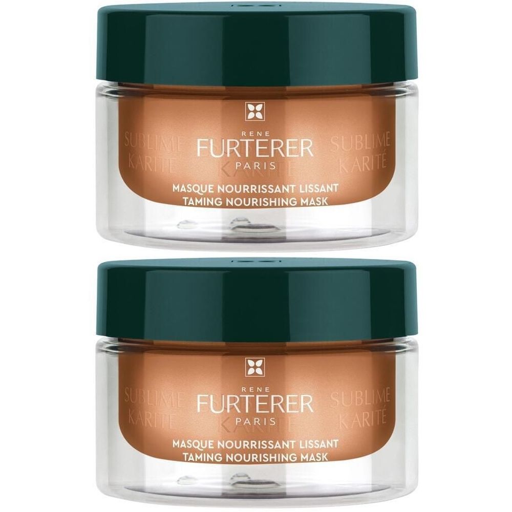 Deux pots de crème brune avec couvercles verts. Inscription : FURTERER, SUBLIME KARITE, MASQUE NOURRISSANT LISSANT, TAMING NOURISHING MASK.